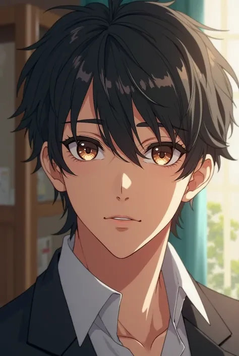 Create a handsome male anime character that has never been created,  with short black hair ,  normal skin color, Coffee colored eyes in a set up