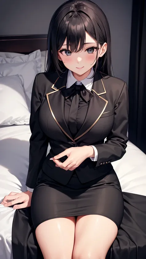 sexy older sister in a black business suit wearing a black tie　　 　　I'm wearing a black tie　Black Pencil Skirt　Brown tights　A radiant smile　 high resolution　 high resolution　sitting on the bed