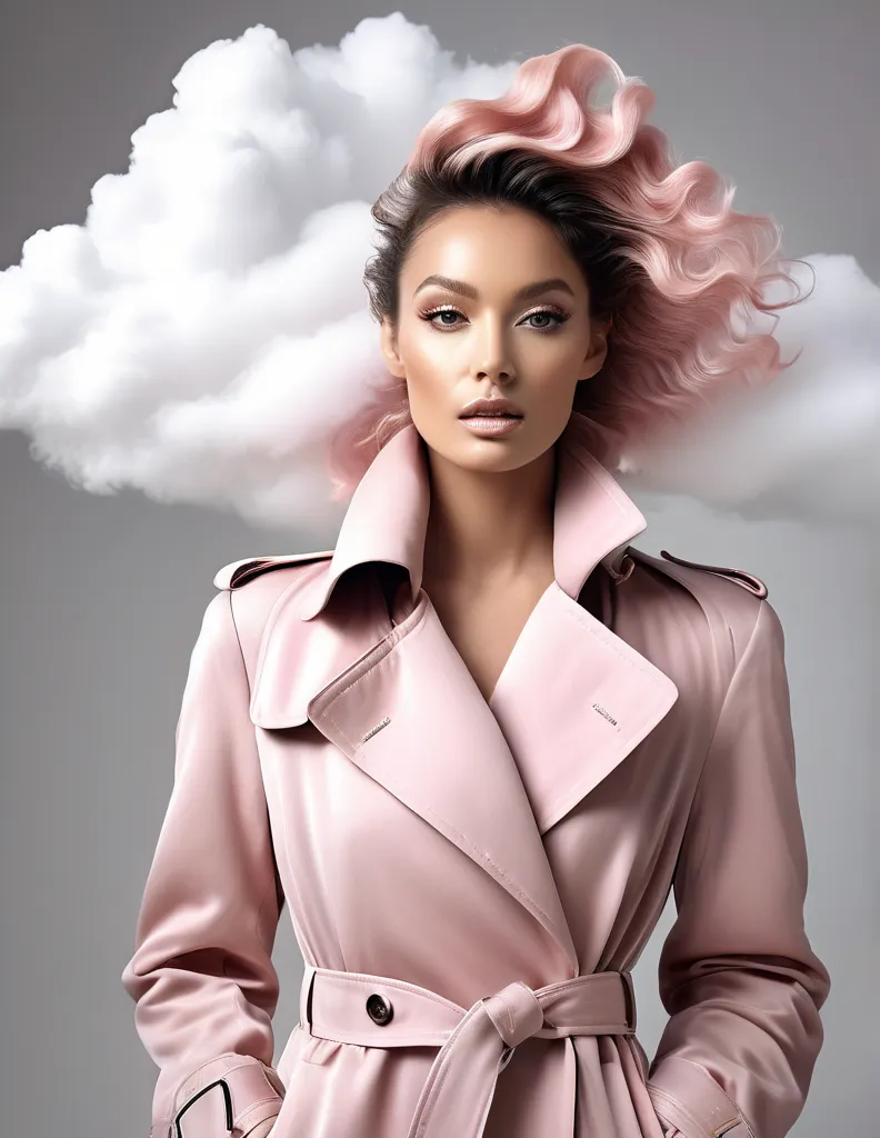 An elegant woman dressed in a flowing pastel pink trench coat paired with surreal, cloud-shaped accessories on her shoulders. Her hair flows upward, mimicking the soft texture of clouds, as she stands on a minimalistic white studio backdrop. Shot with a Ni...