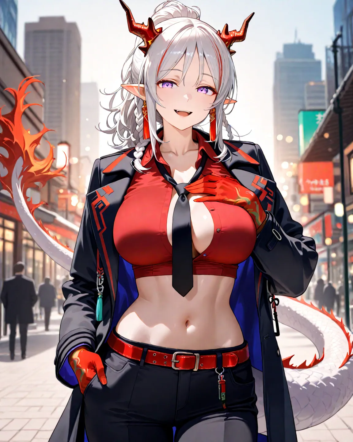 {{super detail, best quality, anatomically correct, textured skin, high quality, high details, highres, masterpiece, best quality}}, masterpiece, best quality, solo, 1girl, dragon tail, smile, looking at viewer, standing, hand on own chest, long hair, stre...