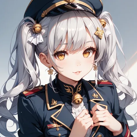  one girl、Silver Hair Twin Tails、bell-shaped hair ornament、 golden eyes、cute、 beauty、 clear、Chest、Wearing military uniform、 white solid background for background