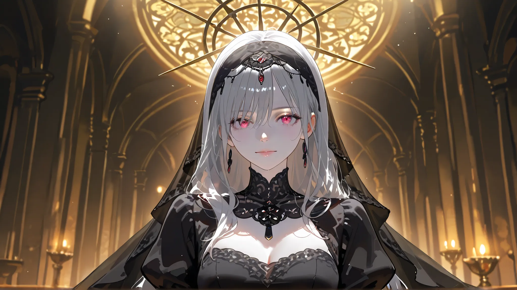 Create an image set with a photorealistic dark chapel, Illuminated only by moonlight, Featuring an anime-style girl character as the central character. She is portrayed as an evil guru., She is wearing a jet black dress with a striking black veil., Pale sk...