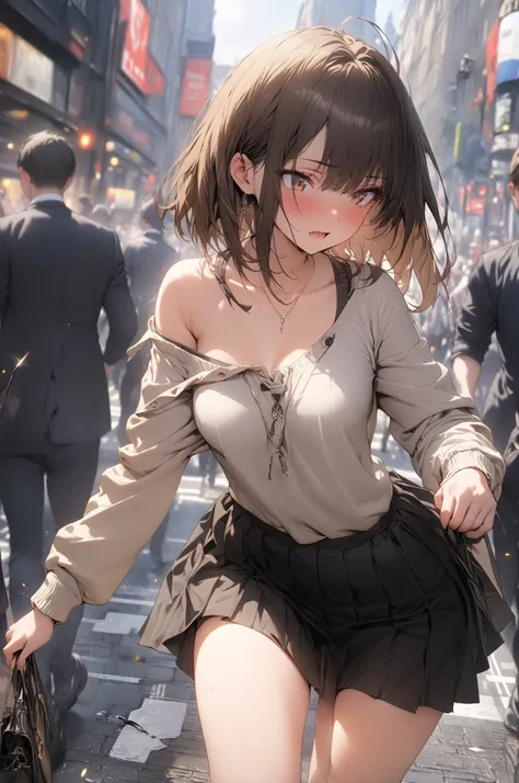 (masterpiece, detailed:1.2), One Girl, (18-years old), brown long Bob Cut, Medium Breasts, off shoulder,, skirt, BREAK, Highest quality, on a London road, BREAK, focus on thigh