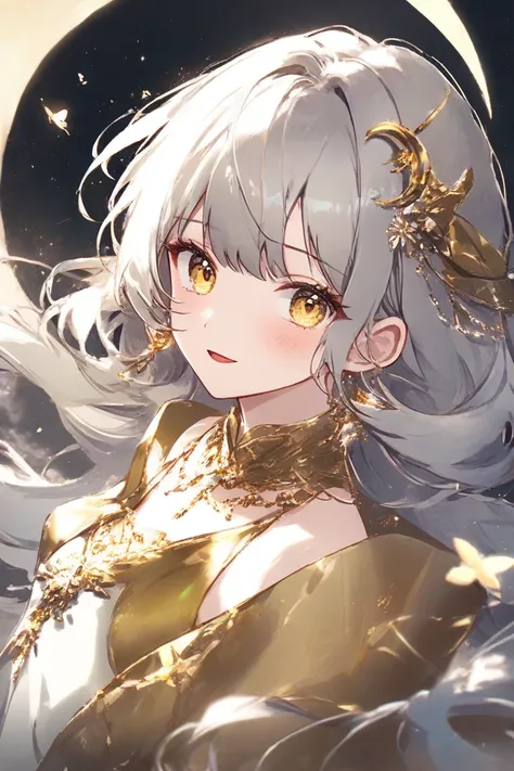 1 girl、beautiful、 crescent、It's on top of the moon、beautifulな夜空、fantastic or landscape、 Silver Hair、 golden eyes、 hair is long、White and gold clothes、Singing a song、crystal clear voice、Mysterious