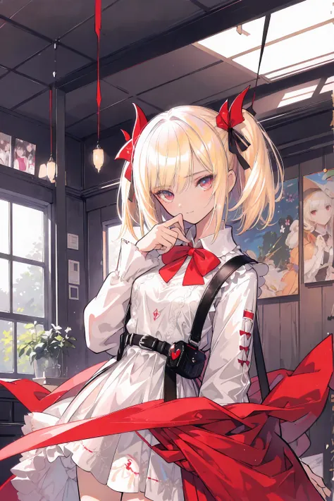 Satanic, Senri,  short hair, bangs, blond hair, ( red eyes:1.5), ヘアribbon,  one side up,  bob cut ,
break  shirt,  Long Sleeve,  dress, ribbon, white shirt,   collared shirt ,  belt bag , ネックribbon,  赤い dress, ブルーribbon, プリーツ dress, グレーの dress, ツートンカラーの dr...