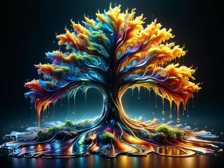 [An elm tree rising from a pool of liquid metal with rainbow hues, Very shiny, Smooth surface texture, polished surface, reflective, Front 45 degree angle, Inlay ral-chrome, PhotoPractical, HyperPractical, Ultra Detailed, Analog style, Delicate skin, matte...