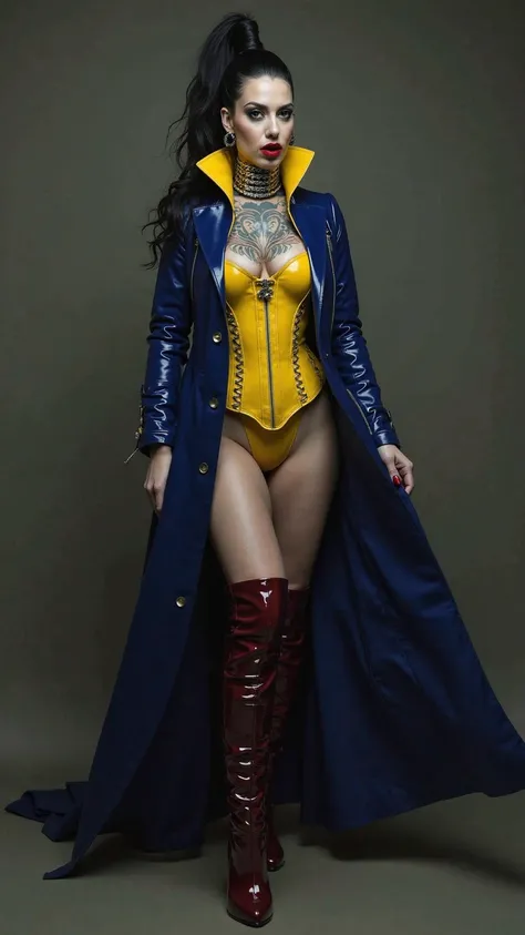 ANGELINA JOLIE, Dominatrix  , pale skin, vampire, nosferatu, dracula, BDSM, blue yellow latex , brilliant, metallic, corps latex noir, longue jupe crayon en latex noir, transparent  latex blue trench coat  , red brown latex over the knee boots ewtrem high ...