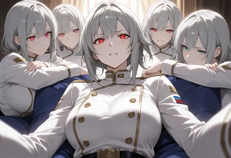  masterpiece, TOP QUALITY, (Solo Focus), (Perfect Face:1.1), (high detail:1.1), ( super detailed eyes ), dramatic, Has white skin and long, rich gray hair, several women in white uniforms posing sexy,  harem,  cushion, A lot of light