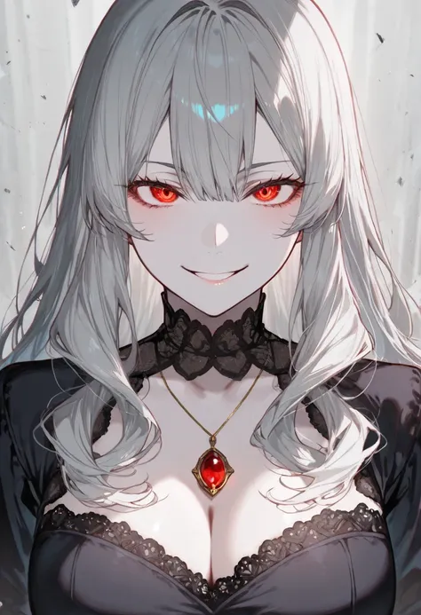  masterpiece, TOP QUALITY, (Solo Focus), (Perfect Face:1.1), (high detail:1.1), ( super detailed eyes ), dramatic, Has white skin and long, rich gray hair,1 girl, , smile,  long hair,  Dark Dress ,  upper body,   red pendant via Kayahara