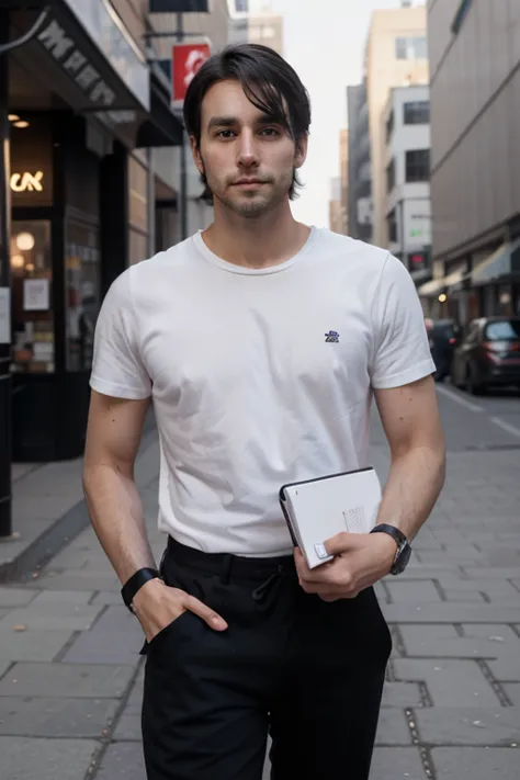 32 year old male; white skin;  black hair, short and disheveled; 172 cm tall with a proportional body, casual clothes and carrying a small notebook, using a watch in his right hand. Background of city streets during the day.