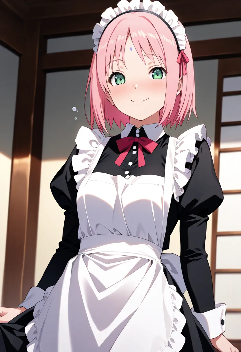  sakura, pink hair, short hair, green eyes, forehead mark, hairbandsmile,,(Maid:1.3)、smile,,best quality best qualitysmile ,,best quality ( best quality )、(Nonsense)、( very detailed)、( very beautiful way to hold ) information best quality 、 Ultra-fine、Most...