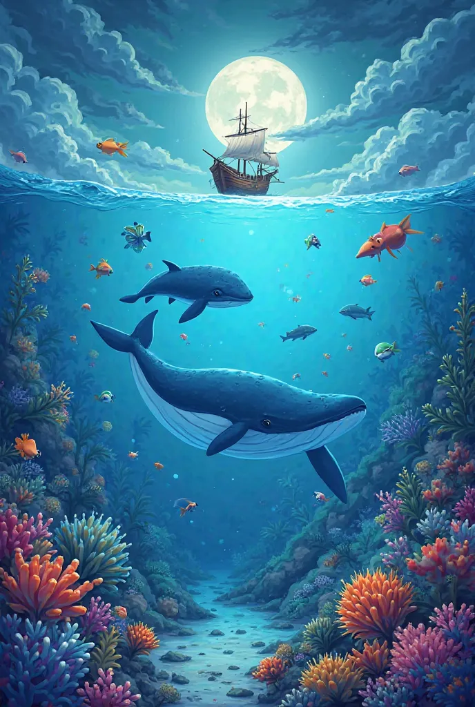 make a wallpaper of ocean with fish in it deep down blue in colour cartoonish make it little dark and a moon in the sky with hd texture  whale in it and a pirate boat 