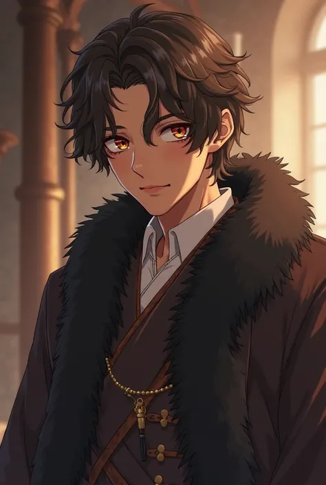 a man with anime features, with brown skin and short hair, curly overcoat giving a dark brown color and eyes of the same color, in a historic kingdom setting and wearing clothes of the style, with his shoulders covered by a black 