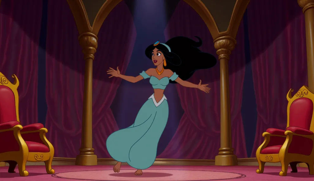 Princess Jasmine is in the throne room at the Agrabah Palace. Suddenly, a whirlwind of wind rushes into the room and lifts Princess Jasmine into the air. Powerful gusts of wind easily lift the frightened Jasmine to the ceiling. Princess Jasmine, frightened...