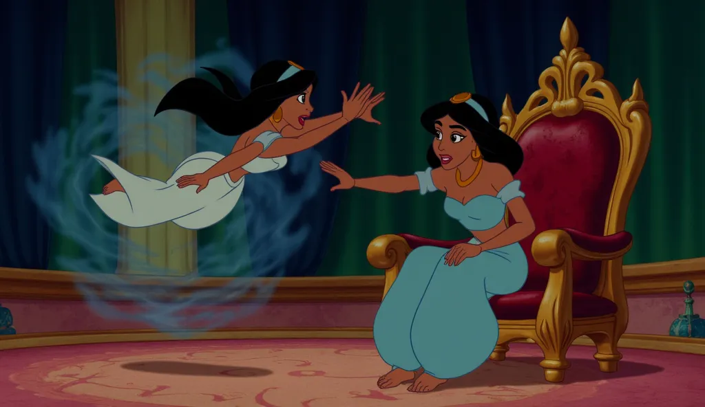 Princess Jasmine is in the throne room at the Agrabah Palace. Suddenly, a whirlwind of wind rushes into the room and lifts Princess Jasmine into the air. Powerful gusts of wind easily lift the frightened Jasmine to the ceiling. Princess Jasmine, frightened...