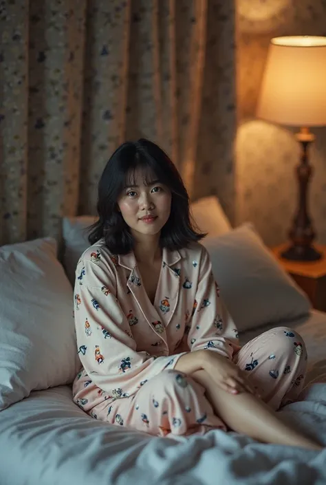 An Indonesian woman in kuromi pajamas sits on a simple bed, the background of the room space that merges with its contents at night