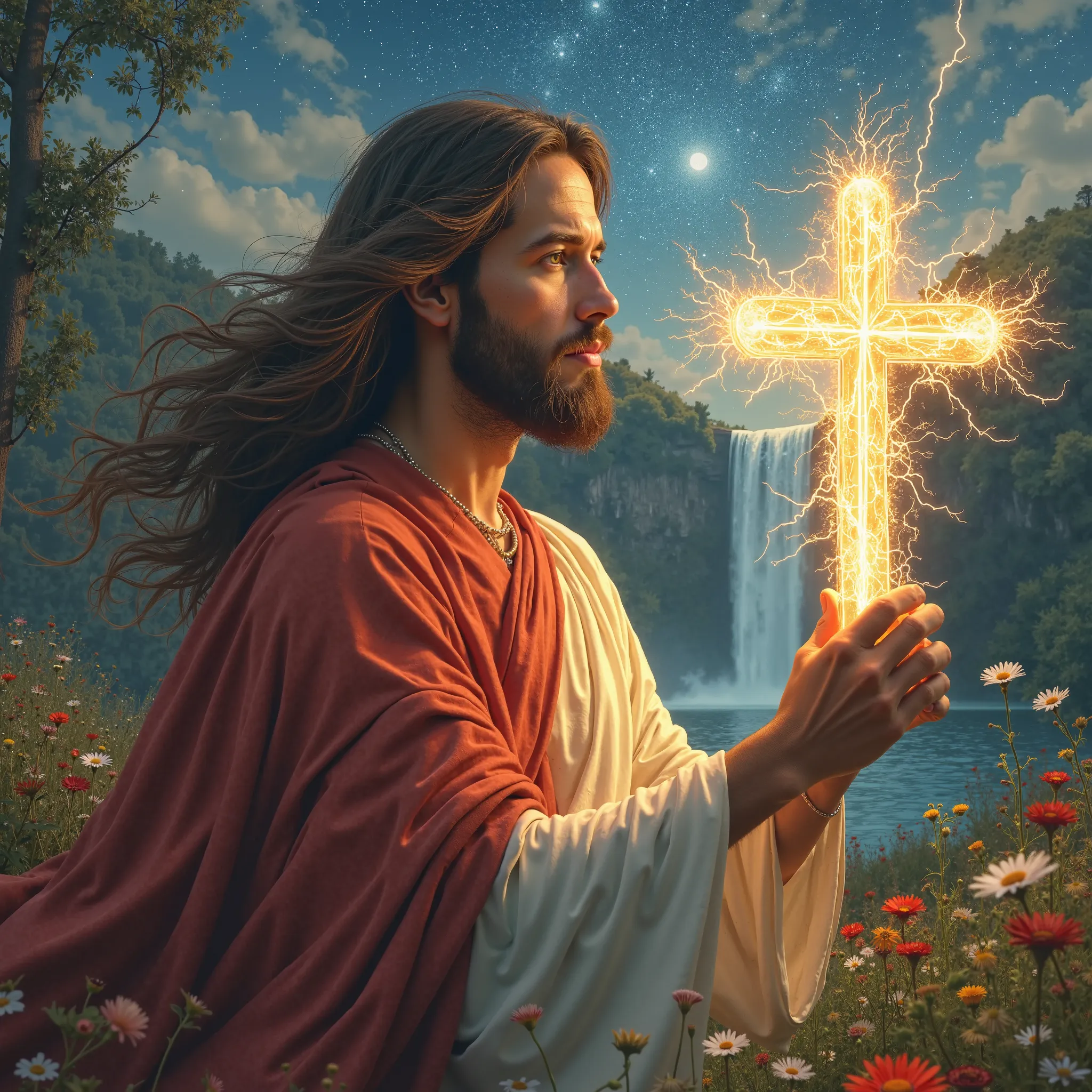 Close-up of Christ's hair in the wind, red and white tunic, He holds a cross made of electricity, in a field full of flowers, river wrapped ,  waterfall, starry sky and stars, realistic 8k image 