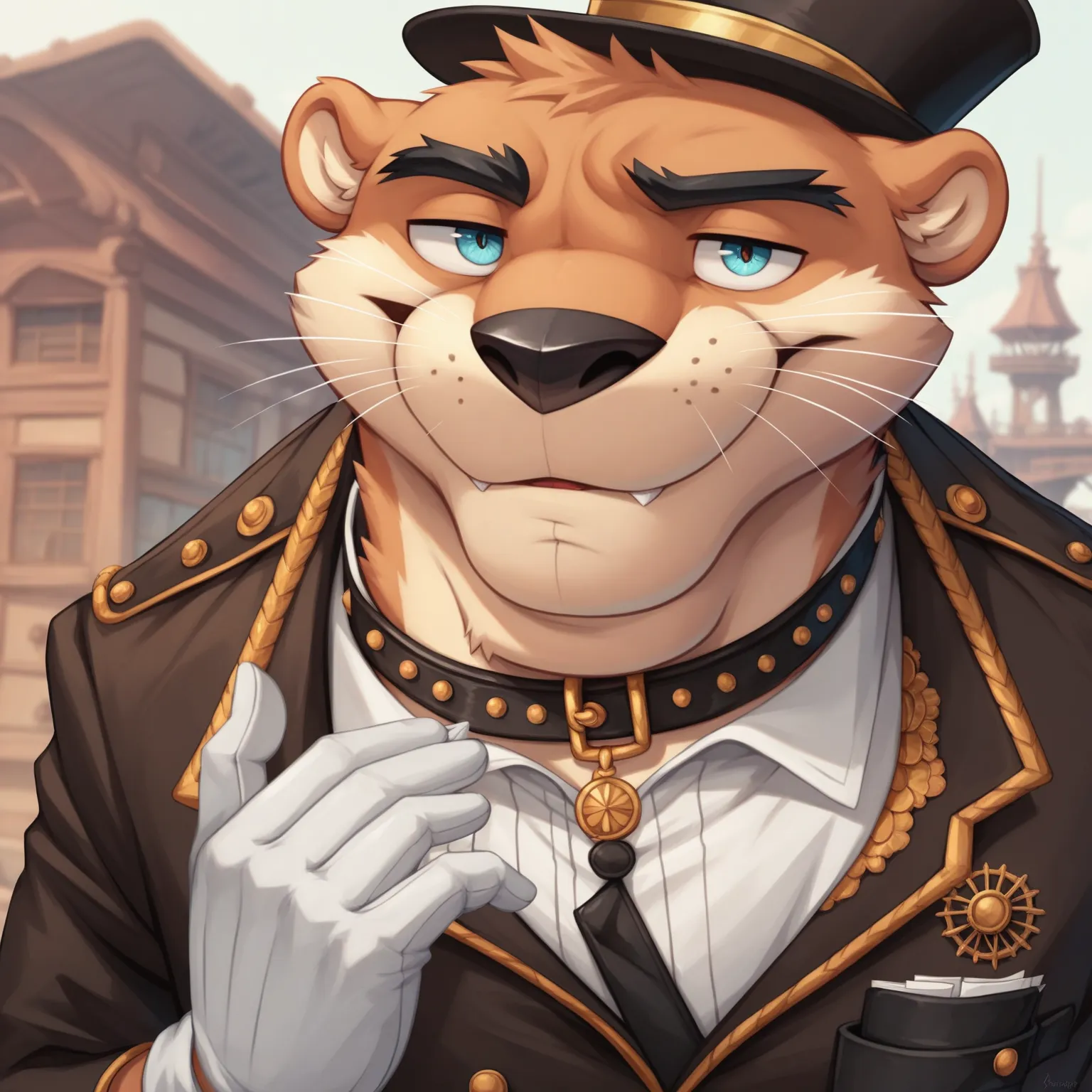 Male Scribble Otter face,(Otter),Chubby,(Black eyebrows:1.1),(Perfect eyes), scaly skin，（artist:Takemoto Arashi），steampunk, Gentleman, top-hat, Outside background，（Leather Collar:1.3），leather collar has a round collar-tag, round collar-tag, (White Gloves:1...