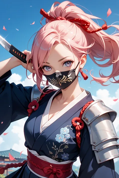  high school girl、black Japanese style armor、knife、 FACE MASKS 、pink ponytail、Realistic beauty