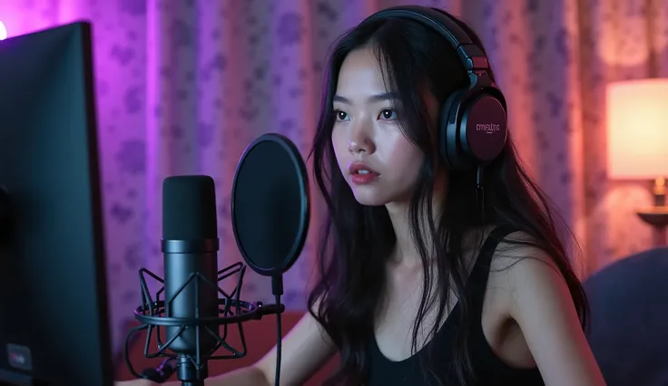 A young female gamer with long black hair, wearing a black top and professional studio headphones, is streaming live. She has a serious and focused expression while looking at her screen. A high-quality microphone is placed in front of her with a branded p...