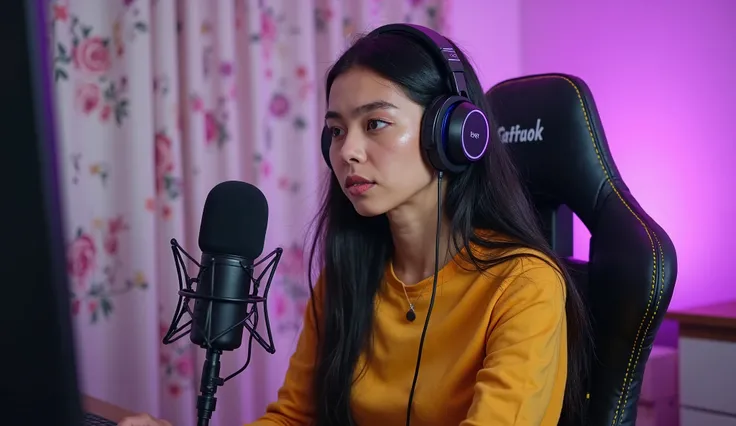 A gracefull american young female gamer with long black hair, wearing a yellow top and professional studio headphones, is streaming live. She has a serious and focused expression while looking at her screen. A high-quality microphone is placed in front of ...