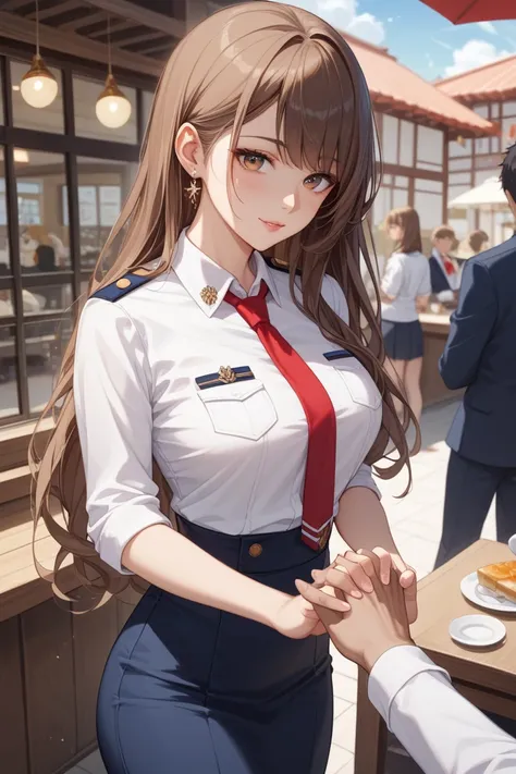  japanese woman、 brown hair、 long hair、uniform{white cutter shirt, red tie, dark blue skirt}Woman wearing 、Around town、Cafe、Date、 beautiful、 beauty、high resolution, chest,  Hair, bangs, TOP QUALITY, uniform{white cutter shirt, red tie, dark blue long pants...