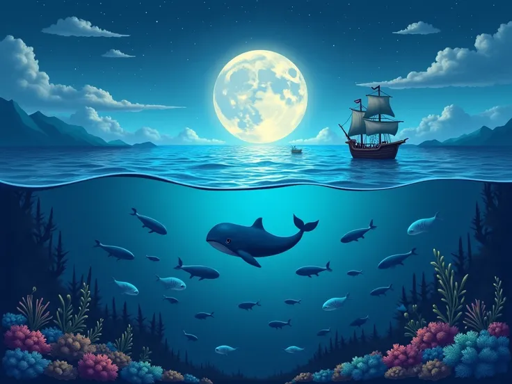 make a wallpaper of ocean with fish in it deep down blue in colour cartoonish make it little dark and a moon in the sky with hd texture whale in it and a boat of pirate its for my website background and the website name is ocean 🪸 🌊 
