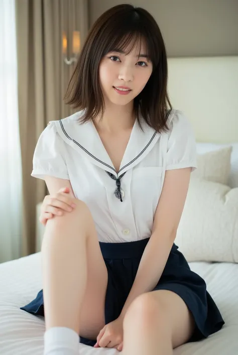 (Masterpiece, Best quality:1.4), (Ultra realistic, Photo-realistic:1.3), nsfw, (Wearing Sailor suit, White short sleeve:1.2), (Dark navy skirt:1.2), (Wearing white sock), (Short wavy hair:1.1), Natural light, 28 years old actor, Japanese woman, Neat and cl...