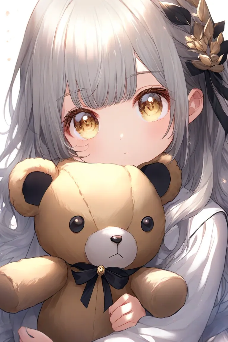 1 girl、cute、Young、 lori、Young girl、 has big eyes、 Silver Hair、 golden eyes、 expressionless、cute洋服を着てる、 loriータ、 dress、I'm wearing a black ribbon、I'm holding a teddy bear