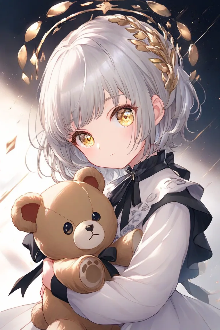 1 girl、cute、Young、 lori、Young girl、 has big eyes、 Silver Hair、 golden eyes、 expressionless、cute洋服を着てる、 loriータ、 dress、I'm wearing a black ribbon、I'm holding a teddy bear