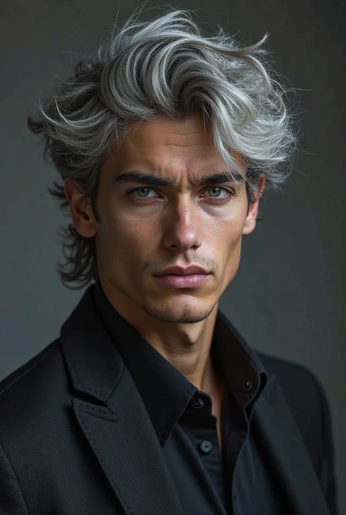 Devin is a tall and strong 17-18-year-old Spanish boy with sharp, handsome features. He has striking gray hair, slightly messy yet elegant, and intense gray eyes that seem to pierce through anyone who meets his gaze. His skin is fair, and his build is lean...