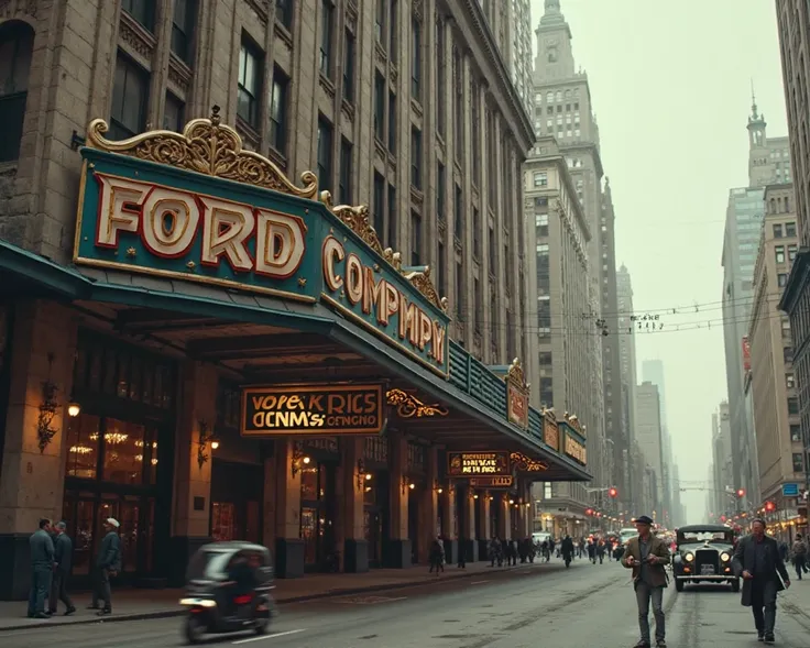 Cinematic frame depicting the façade of the Ford Company in 1903, Let the sign be seen and written with the name of: Ford Company in a real way and from the original year 1903

Model