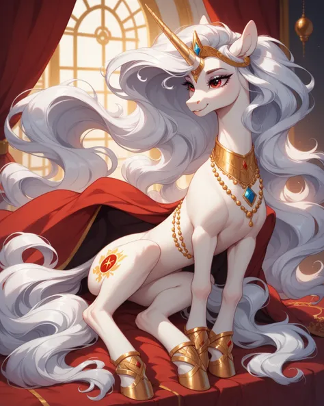 Pony a beautiful red unicorn mare with a long, flowing mane and tail. Her silver horn is extremely long and thin. She may have a slim Arabian build, but her wavy mane and feathered feet say otherwise. Gold beads adorn her face, mane, and tail.