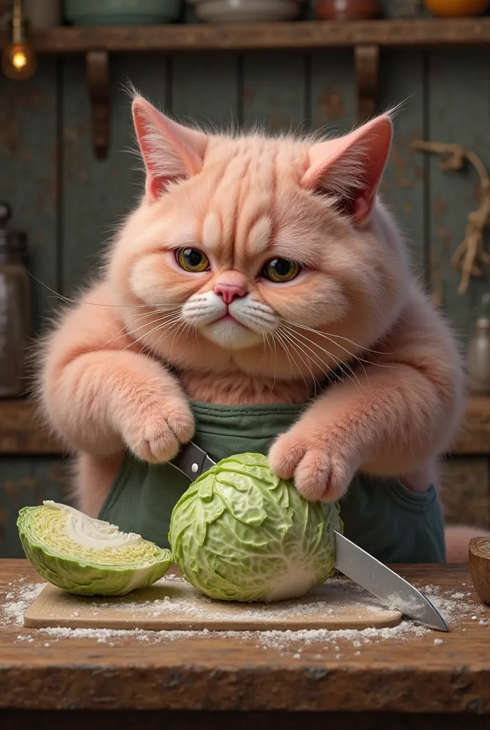 Mega-realistic image of a fat pink cat with a nice appearance, He's chopping cabbage. His kitchen is a bit rustic. On the table where he cuts the cabbage there is wheat flour sprinkled on the table. 