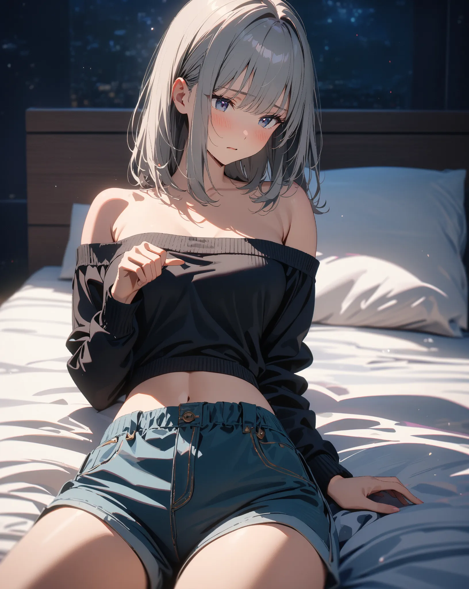 ((black off-shoulder sweater)), top quality, high detail, high resolution, masterpiece, 8K, one girl, solo, medium large breasts, thin waist, beautiful girl, anime style,cowboy shot, medium hair, ((straight hair)), gray hair,lying on bed, looking away from...