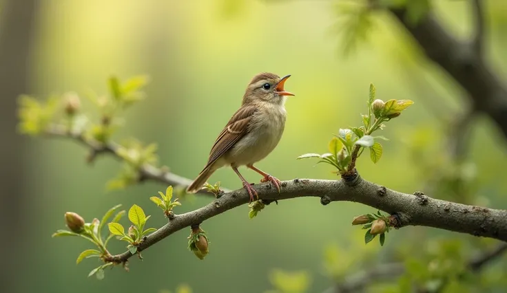 A bird perched on a newly growing tree branch, looking curiously around.