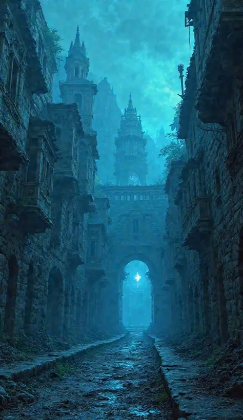 Eerie Blue Lights Illuminating an Ancient Forbidden Town