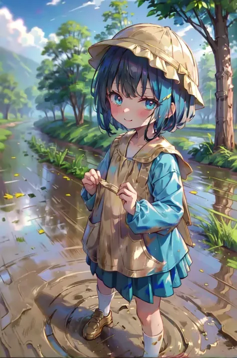 ５age, kindergarten mom clothes, blue smock,  dark blue skirt ,  cute,  Gold,  muddy, Sandbox, dirty,  dirty, Playing in the mud,  Energetic , fun,  best smile,  muddyの服, Muddy Smock, muddy smock, Mud adhering , best smudge,  muddy skirt , 