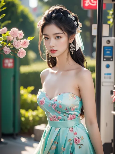 Incongruous tone_dance, (( strapless)), ((Knee-popping)), ((Standing and walking )), ((Elegant and charming)), ((close-up)), A photo of a woman with flowers on her hair, Portrait of Du Jun, CG Trend , Reality, Beautiful Chinese model, Traditional Beauty  ,...