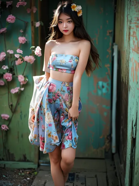 Incongruous tone_dance, (( strapless)), ((Knee-popping)), ((Standing and walking )), ((Elegant and charming)), ((close-up)), A photo of a woman with flowers on her hair, Portrait of Du Jun, CG Trend , Reality, Beautiful Chinese model, Traditional Beauty  ,...