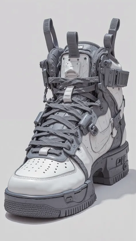 Nike Air Force High White, digital rendering inspired by Jakub Husnick , Neo-Dada, futuristic sneakers, sneaker design, basketball sneakers concept art,  Electronic Components、Metal Sneakers, Borderlands Style  , Transformers movie style tech, military Chr...