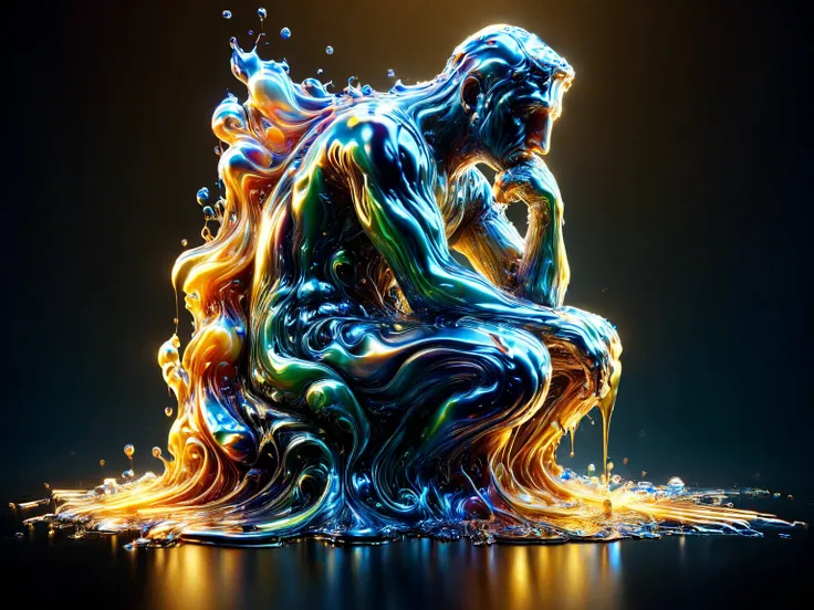 [The Thinker statue by Auguste Rodin rising from pool of liquid metal with many different hues, Very shiny, Smooth surface texture, polished surface, reflective, Front 45 degree angle, Inlay ral-chrome, PhotoPractical, HyperPractical, Ultra Detailed, Analo...