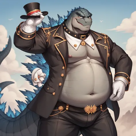 Male Scribble Godzilla face,(Godzilla),Chubby,(Black eyebrows:1.1),(Perfect eyes), scaly skin，（artist:Takemoto Arashi），steampunk, Gentleman, top-hat, Outside background，（Leather Collar:1.3），leather collar has a round collar-tag, round collar-tag, (White Gl...