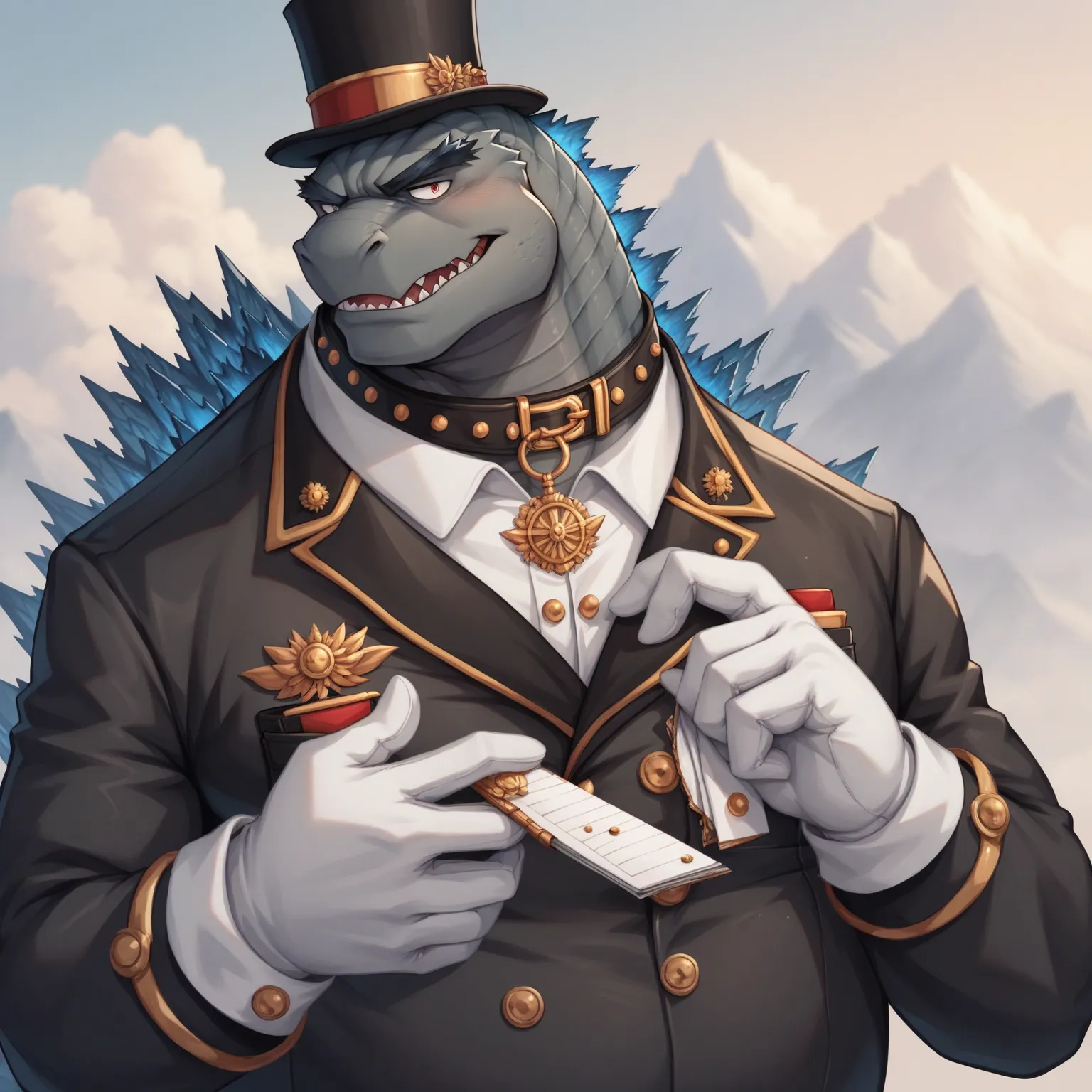 Male Scribble Godzilla face,(Godzilla),Chubby,(Black eyebrows:1.1),(Perfect eyes), scaly skin，（artist:Takemoto Arashi），steampunk, Gentleman, top-hat, Outside background，（Leather Collar:1.3），leather collar has a round collar-tag, round collar-tag, (White Gl...