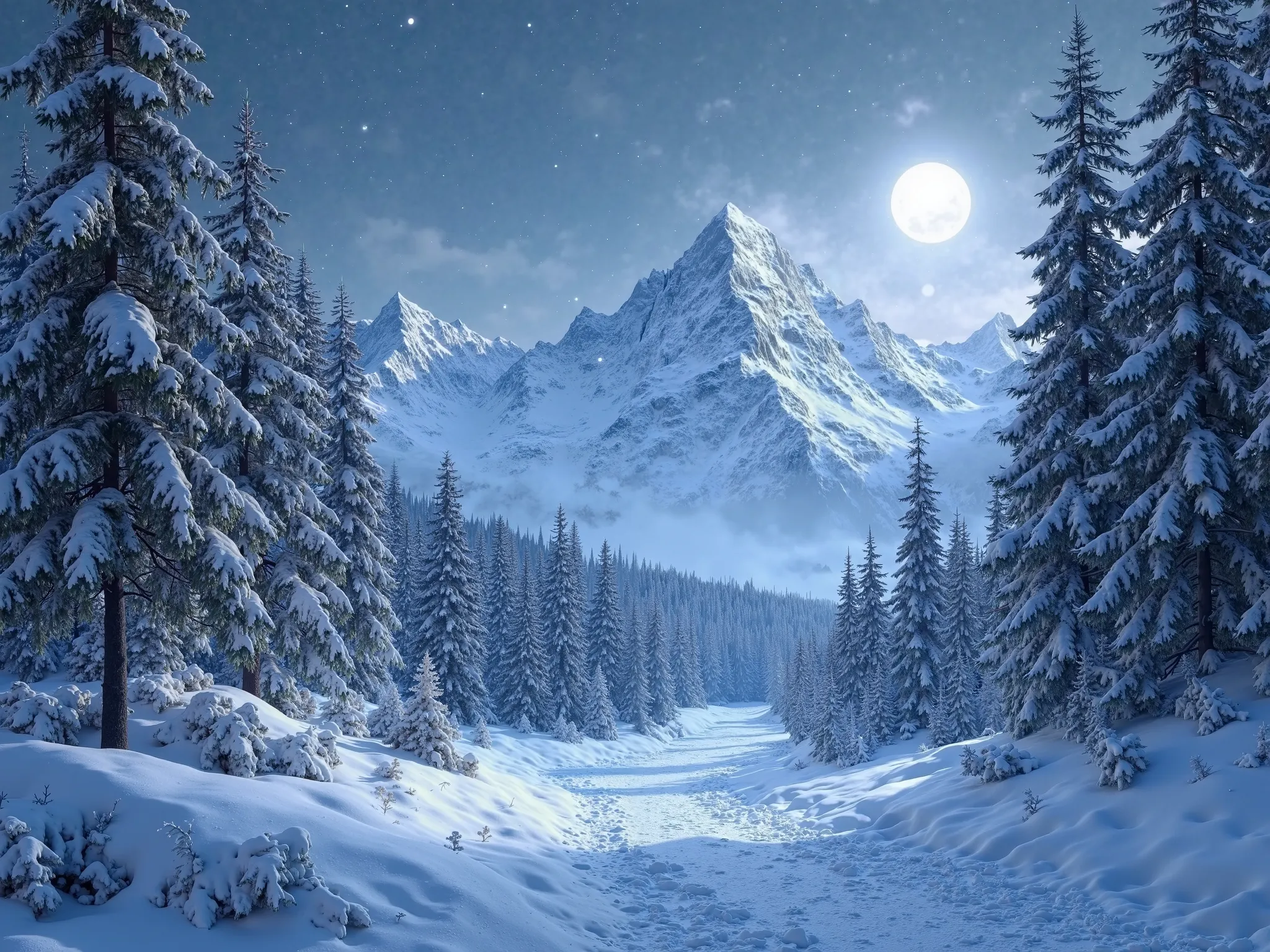 Winter forest landscape with high snow-capped mountains in the background,  nighttime , realism 