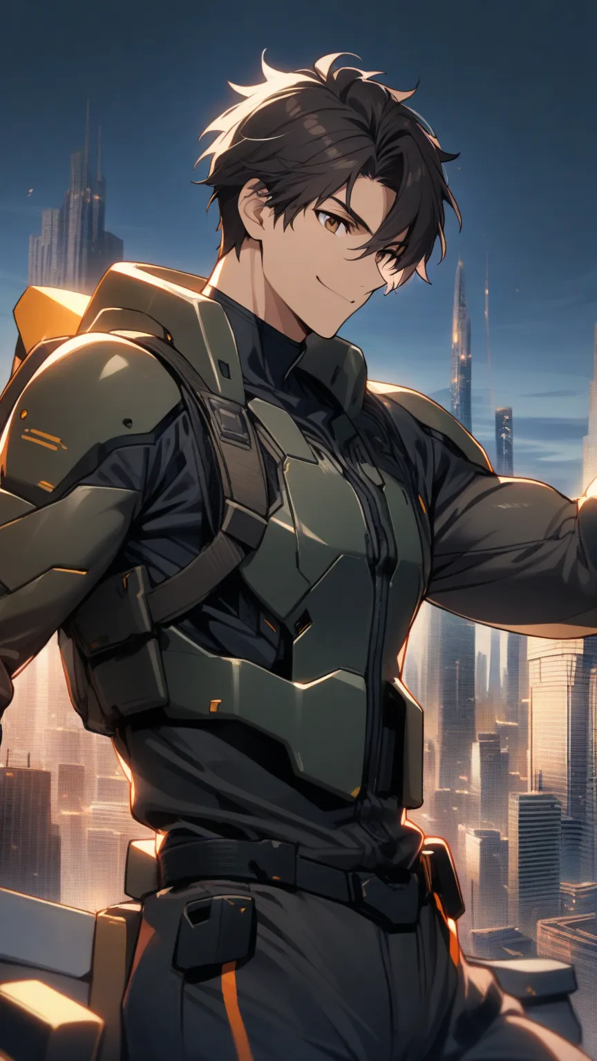 1Man，Alone， male focus ，dark hair， tall body ， fingertip gloves ，Dark Armored Robot Driving Suit，Brown eyes，Upper body，Smile，Future city background ，Martial artist
