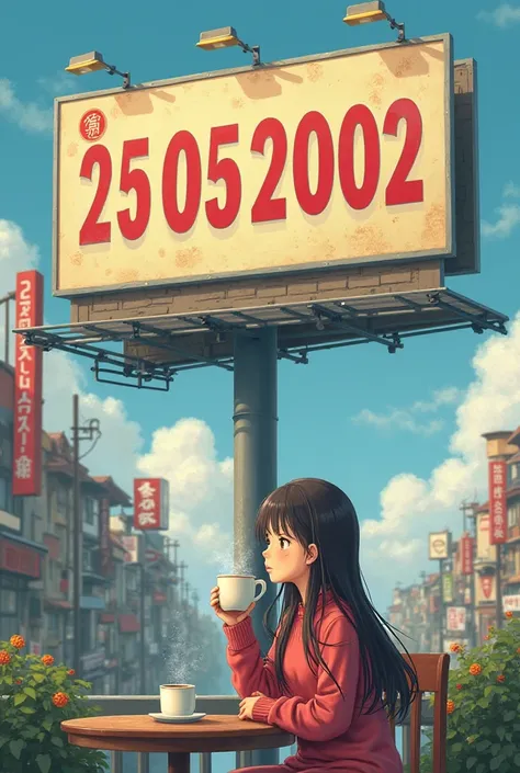 Cute japanese girl with long hairs drinking coffee under the billboard that written the date (25.05.2002) setting in muroran city hokkaido island japan