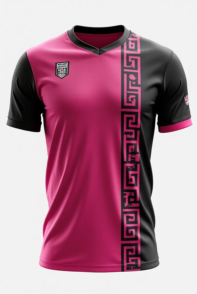 A sports uniform jersey for a team of students from the Faculty of Accounting Sciences, showing front and back, But do it on a model with an accounting symbol on the shirt with a Greek-style design in black and pink