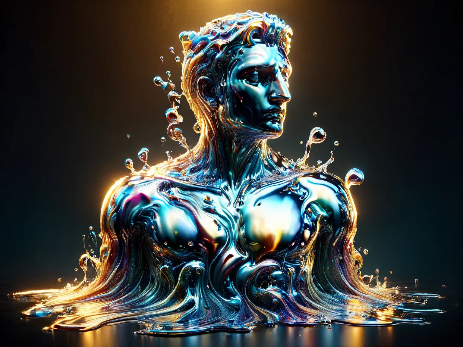 [the statue David by Michelangelo rising from pool of liquid metal with many different hues, Very shiny, Smooth surface texture, polished surface, reflective, Front 45 degree angle, Inlay ral-chrome, PhotoPractical, HyperPractical, Ultra Detailed, Analog s...