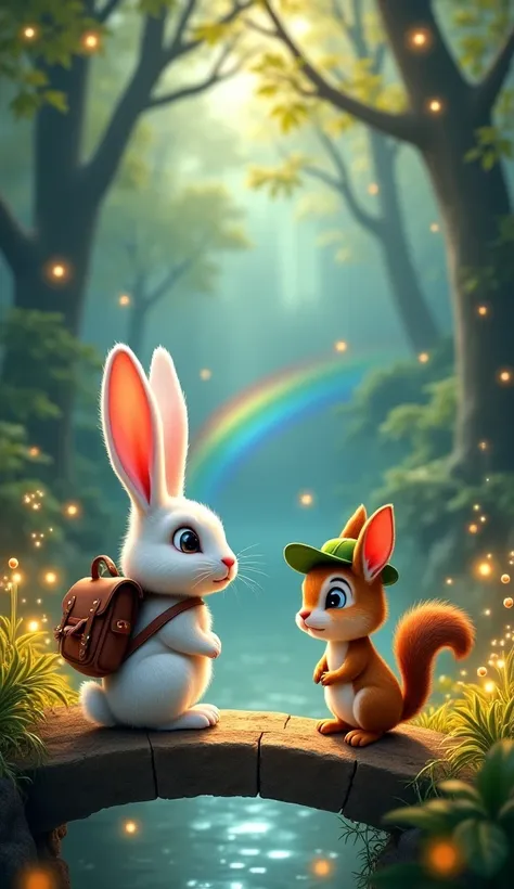 A broken rainbow bridge in a magical forest. A cute white rabbit with long floppy ears, big sparkling eyes, and a small brown backpack looks concerned. Beside him, a tiny squirrel with bright brown fur, a fluffy tail, and a green leaf hat stands determined...